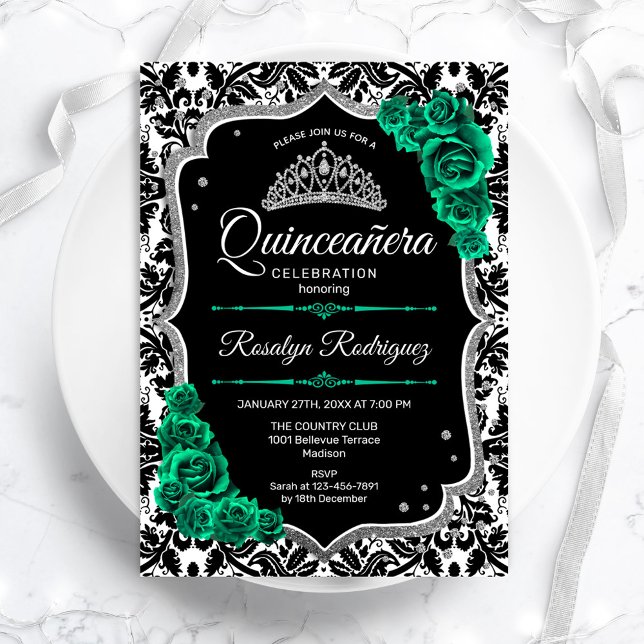 Invitación Green Silver Black Damask Elegante Quinceanera (Subido por el creador)