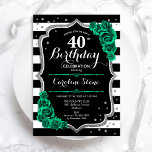 Invitación Green Silver Black & White Stripes 40 cumpleaños<br><div class="desc">40.ª Invitación a la fiesta de cumpleaños. Elegante diseño verde esmeralda floral con rosas y plata purpurina. Incluye rayas negras y blancas y fuente de script. Perfecto para una elegante celebración del cumpleaños de las mujeres. ¡Se puede personalizar para cualquier edad! Invitaciones Zazzle impresas o una plantilla imprimible digital de...</div>