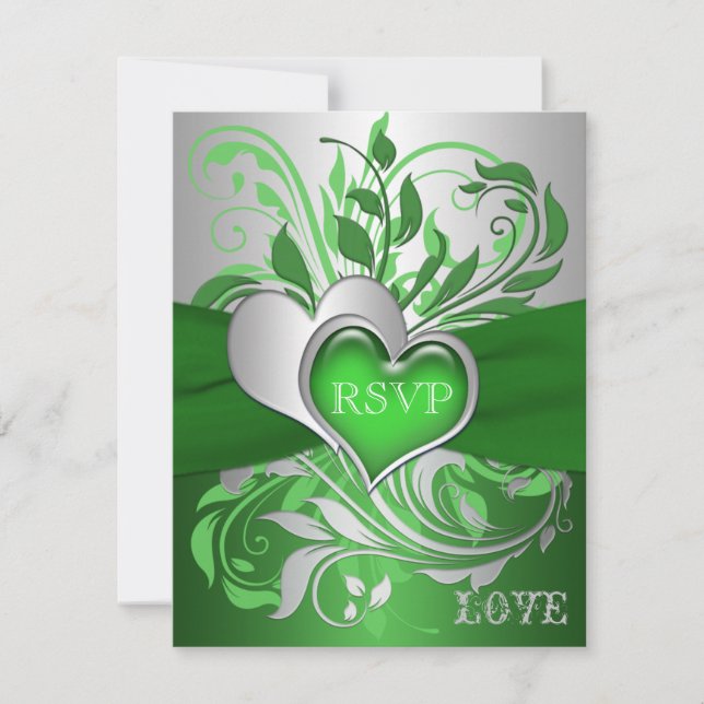 Invitación Green, Silver Scrolls, Hearts RSVP Card (Anverso)