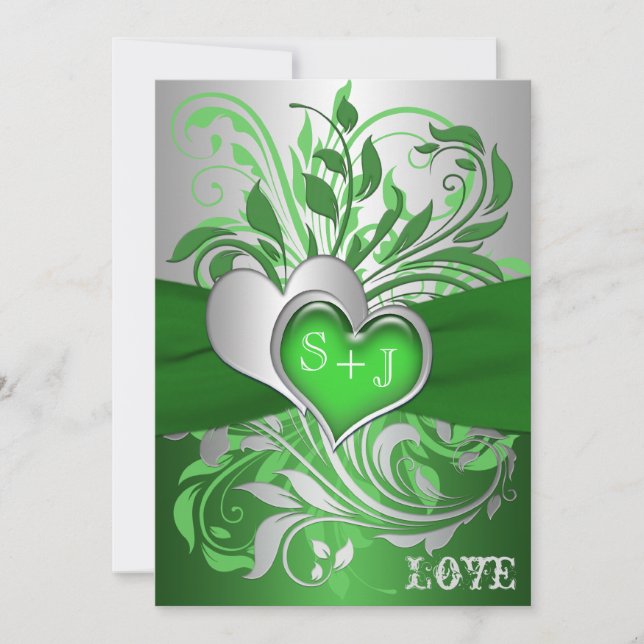 Invitación Green, Silver Scrolls, Hearts Wedting (Anverso)