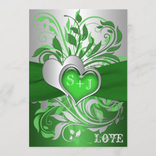 Invitación Green, Silver Scrolls, Hearts Wedting