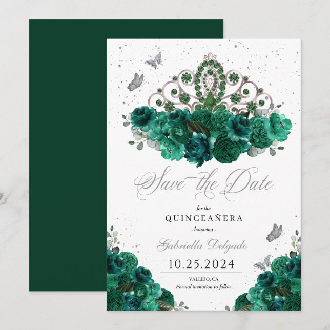 Invitación Green & Silver Tiara Salven La Fecha Quinceañera (Anverso / Reverso)