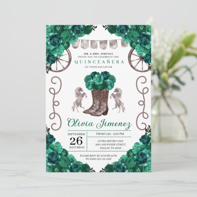 Invitación Green Silver Western Charra Boots Quinceañera (Anverso de pie)