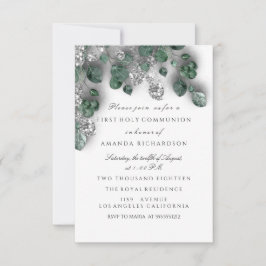Invitación Green Silver White First Holy Communition Cross