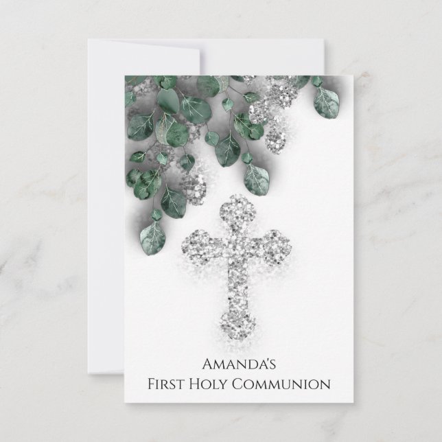 Invitación Green Silver White First Holy Communition Cross (Reverso)