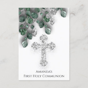Invitación Green Silver White First Holy Communition Cross