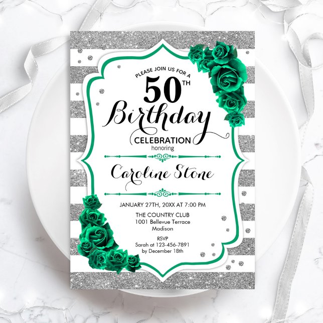 Invitación Green Silver White Stripes Floral 50 cumpleaños (Subido por el creador)