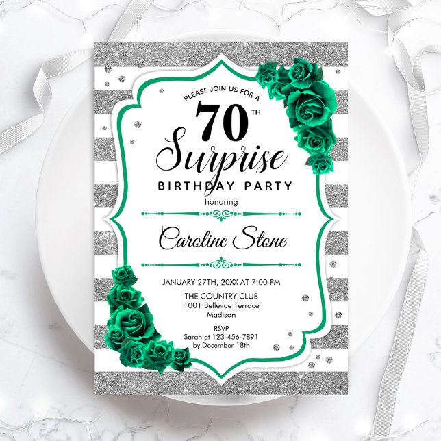 Invitación Green Silver White Surprise 70º cumpleaños (Subido por el creador)