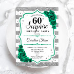 Invitación Green Silver White Surprise Cumpleaños 60<br><div class="desc">Sorpresa 60.ª Invitación a la fiesta de cumpleaños. Diseño verde esmeralda femenino con una falsa plata purpurina. Incluye rayas blancas y plateadas, rosas, letra de guión y confeti. Perfecto para una elegante celebración del cumpleaños de las mujeres. Se puede personalizar para mostrar cualquier edad. Invitaciones Zazzle impresas o una plantilla...</div>