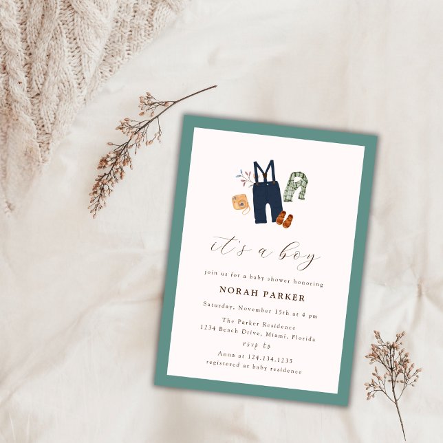 Invitación Green Simple Frame Boy Ropa Baby Shower (Sage Green Simple Frame Boy Clothes Baby Shower Invitation)