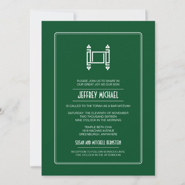 Invitación Green Simple Torah Bar Mitzvah (Anverso)