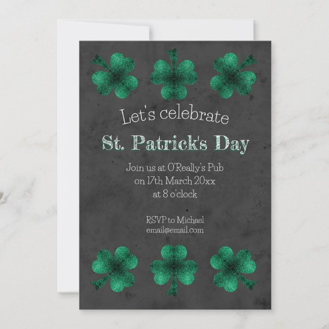 Invitación Green Sparkke Shamrock Grey St Patrick Day (Anverso)
