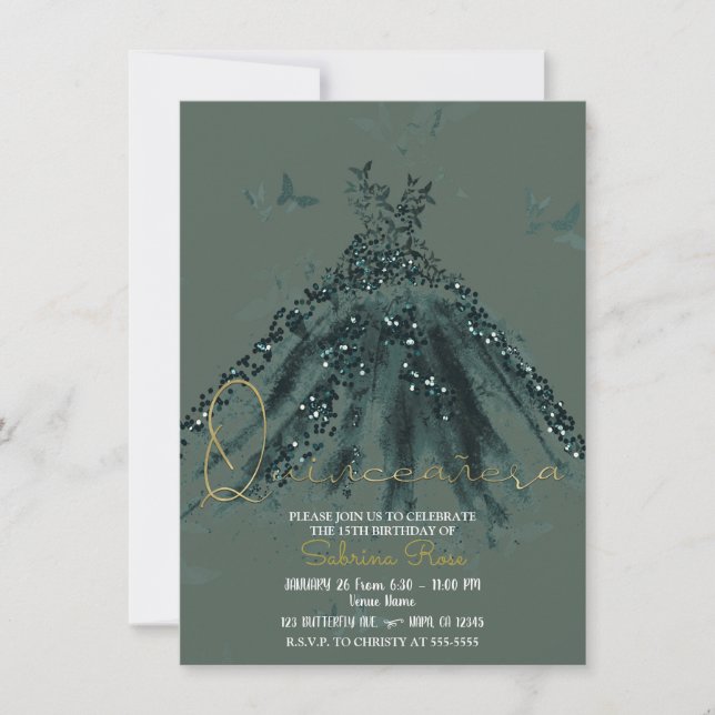 Invitación Green Sparkle Butterfly Dance Dress Quinceañera (Anverso)