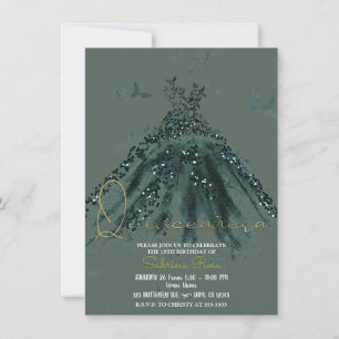 Invitación Green Sparkle Butterfly Dance Dress Quinceañera