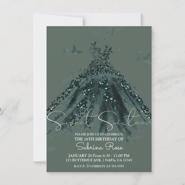 Invitación Green Sparkle Butterfly Dance Dress Sweet 16 Fiest (Anverso)