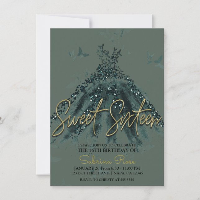 Invitación Green Sparkle Butterfly Dance Dress Sweet 16 Fiest (Anverso)