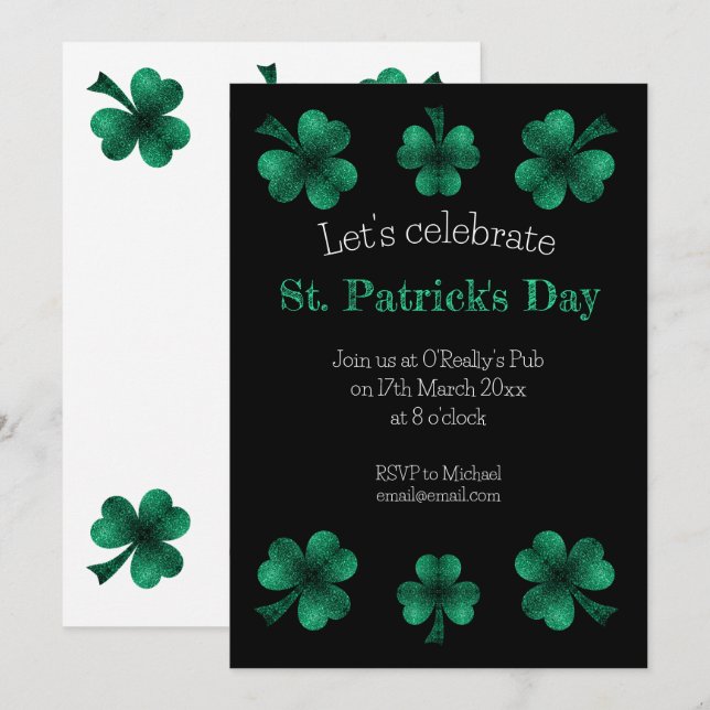 Invitación Green Sparkle Shamrock St. Patrick's Day Black (Anverso / Reverso)
