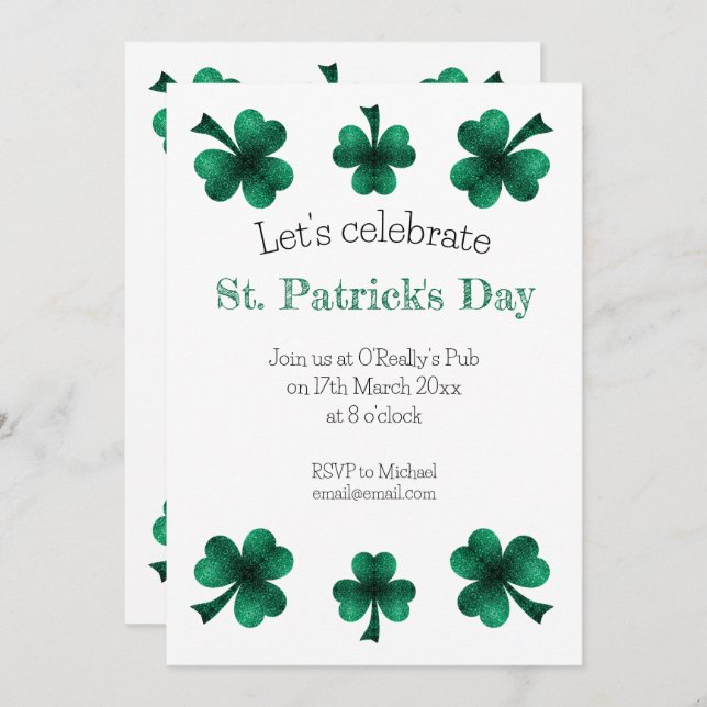 Invitación Green Sparkle Shamrock St. Patrick's Day White (Anverso / Reverso)