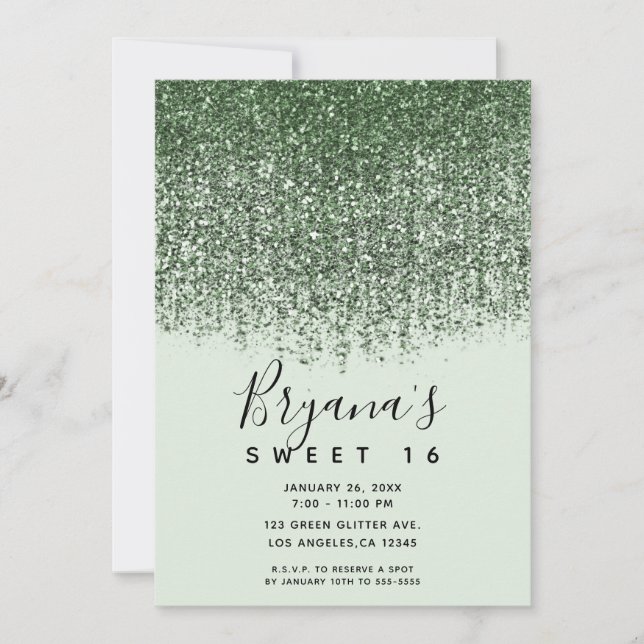 Invitación Green Sparkly Purpurina Sweet 16 Birthday Party (Anverso)