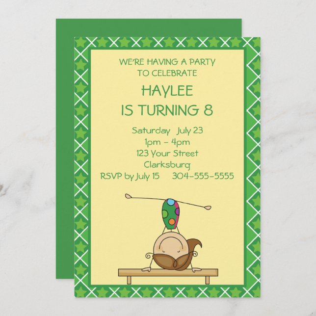 Invitación Green Stars mantiene la figura de la gimnasia (Anverso / Reverso)