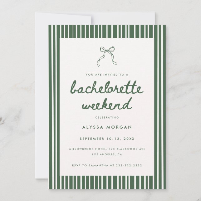 Invitación Green Stripe Coquette Bachelorette Weekend Details (Anverso)