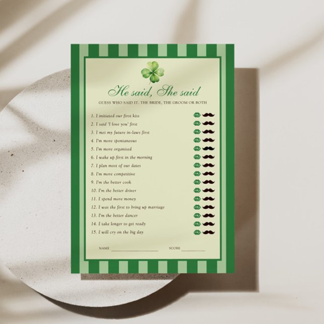 Invitación Green Striped Clover He said She said Game Card (Subido por el creador)