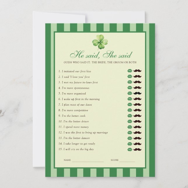 Invitación Green Striped Clover He said She said Game Card (Anverso)