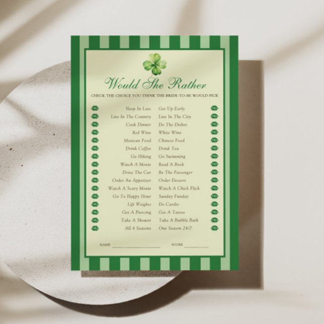 Invitación Green Striped Clover Would She Rather Game Card (Subido por el creador)