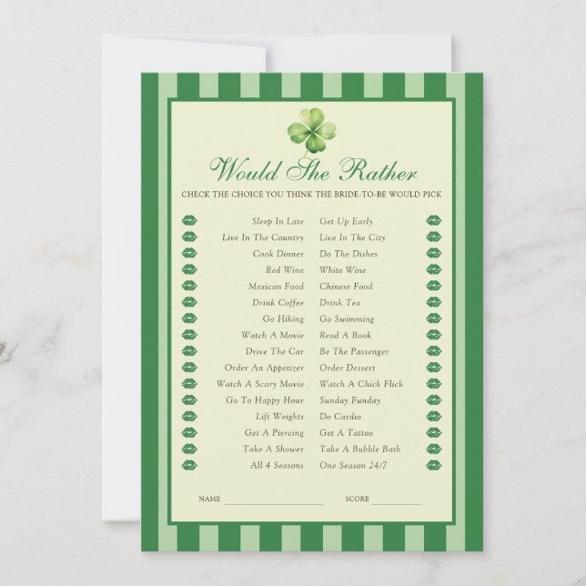 Invitación Green Striped Clover Would She Rather Game Card (Anverso)