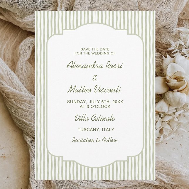 Invitación Green Striped Save the Date Elegant Script Wedding (Subido por el creador)