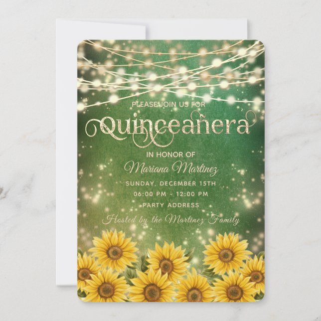 Invitación Green Sunflower String luces chispa de oro (Anverso)