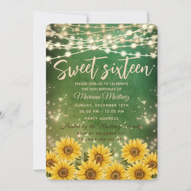 Invitación Green Sunflower String luces chispa de oro (Anverso)