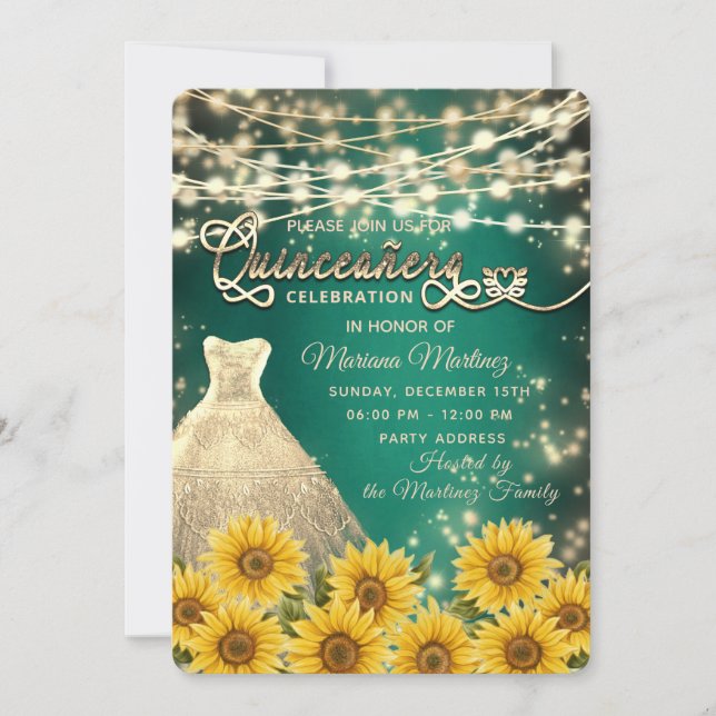 Invitación Green Sunflower String luces de oro brillante memb (Anverso)