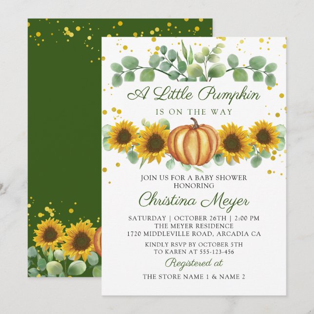 Invitación Green Sunflowers Autumn Pumpkin Baby Shower (Anverso / Reverso)