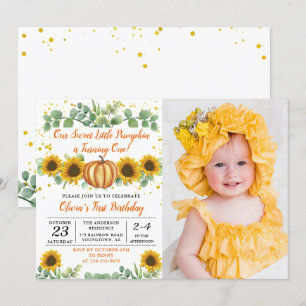 Invitación Green Sunflowers Pumpkin Autumn Birthday Photo