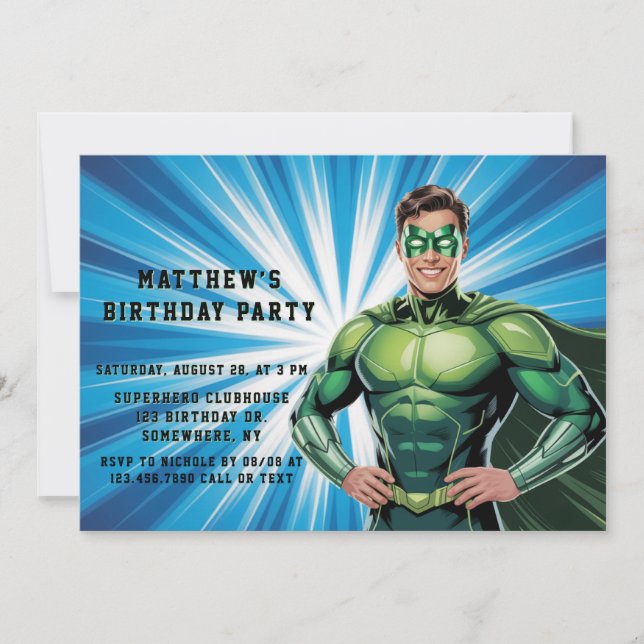 Invitación Green Superhero Boys Birthday Party (Anverso)