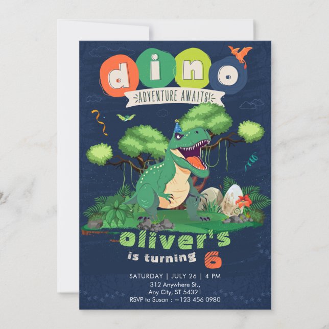 Invitación Green T-rex Adventure 6th Birthday Invitation   (Anverso)