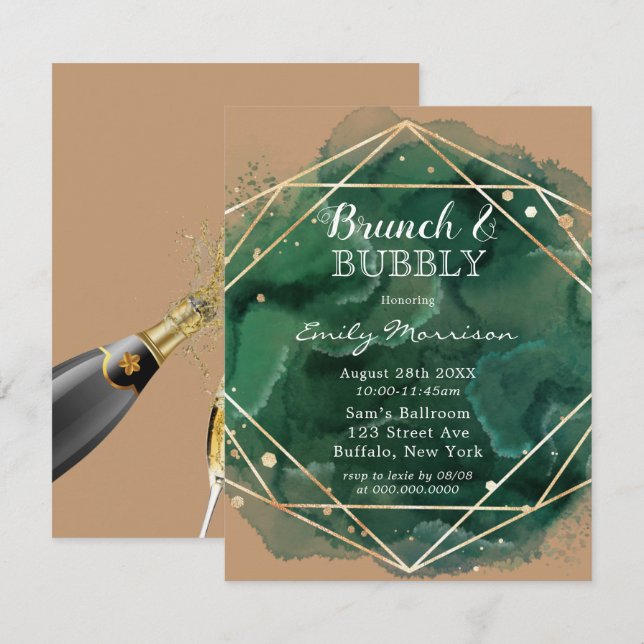 Invitación Green Tan Gold Watercolor Brunch & Bubbly (Anverso / Reverso)