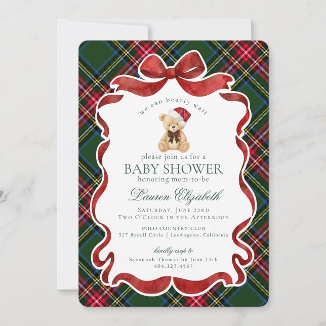 Invitación Green Tartan Plaid Christmas Bear Baby Shower (Anverso)