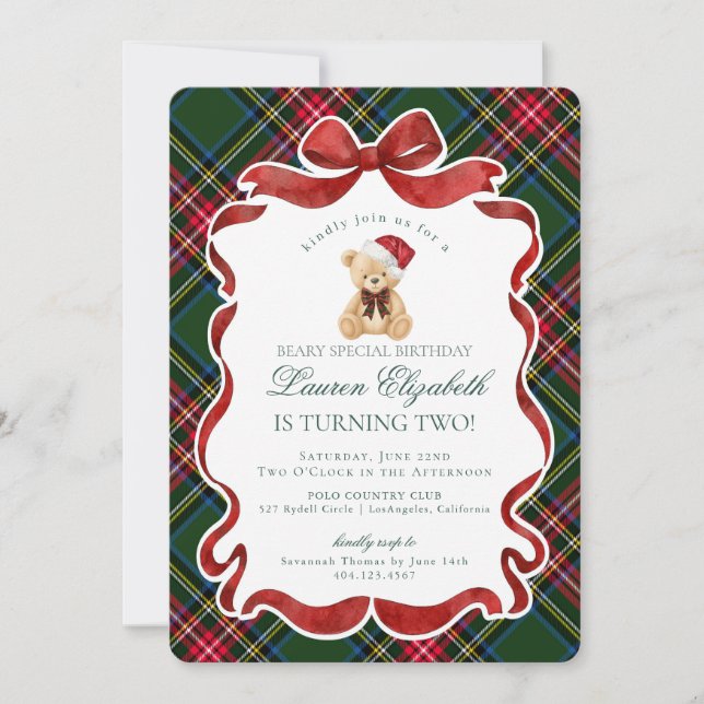 Invitación Green Tartan Plaid Christmas Bear Birthday (Anverso)