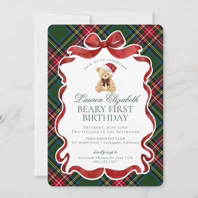 Invitación Green Tartan Plaid Christmas Beary First Birthday (Anverso)