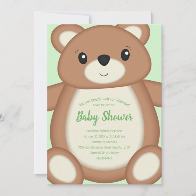 Invitación Green Teddy Bear Baby Shower (Anverso)