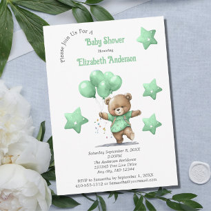 Invitación Green Teddy Bear Globos Stars Boy Baby Shower