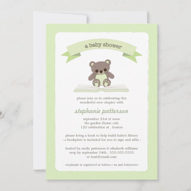 Invitación Green Teddy Bring a Book Baby Shower Invitation (Anverso)
