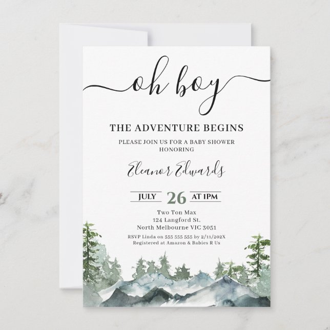 Invitación Green The Adventure Comienza Baby Shower Wildernes (Anverso)