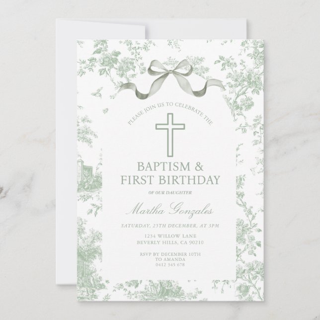 Invitación Green Toile de Jouy Baptism & First Birthday Bow  (Anverso)