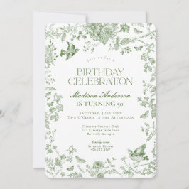 Invitación Green Toile De Jouy Fiesta de cumpleaños floral fr