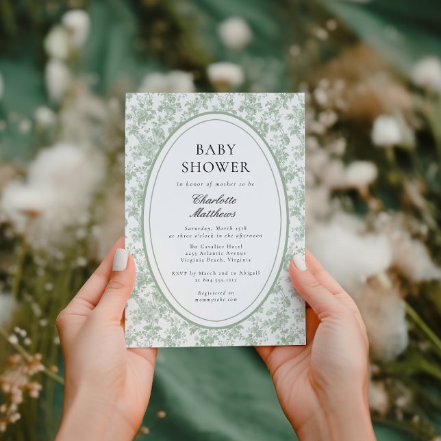 Invitación Green Toile De Jouy  Floral Photo  Baby Shower  (Subido por el creador)