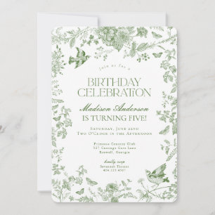 Invitación Green Toile De Jouy Vintage Floral Birday Party