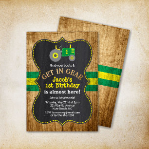 Invitación Green Tractor 1ᵉʳ Birthday Boy Fiesta Farm